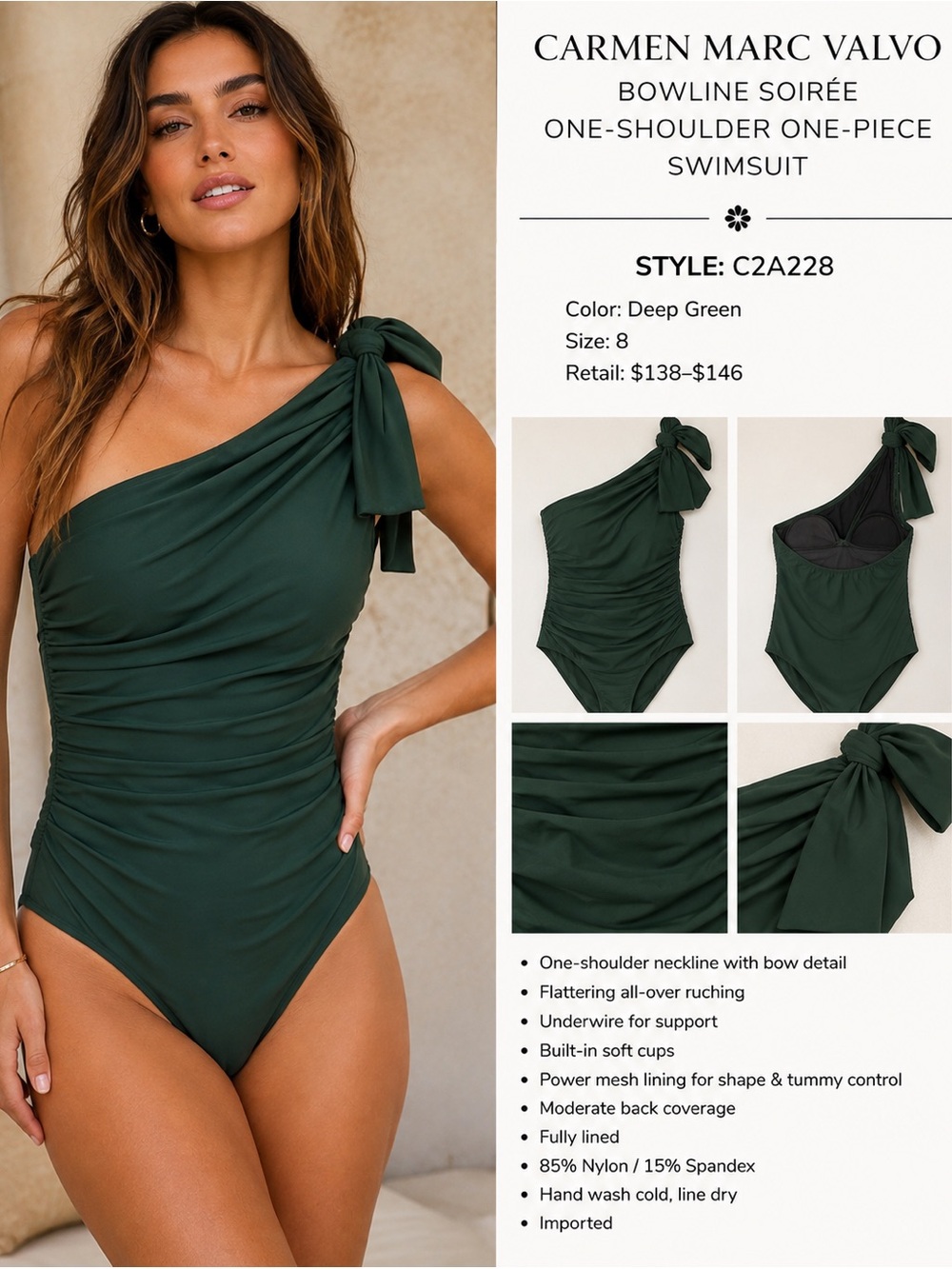 Carmen Marc Valvo Deep Green One-Shoulder Bow-Detail One-Piece